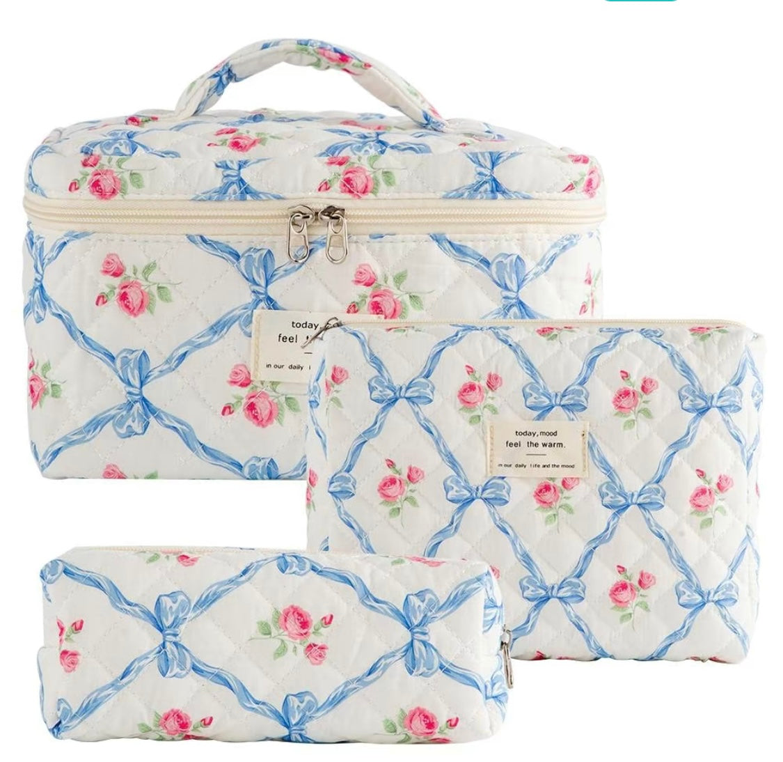 3 PC Quilted Makeup Bag Set