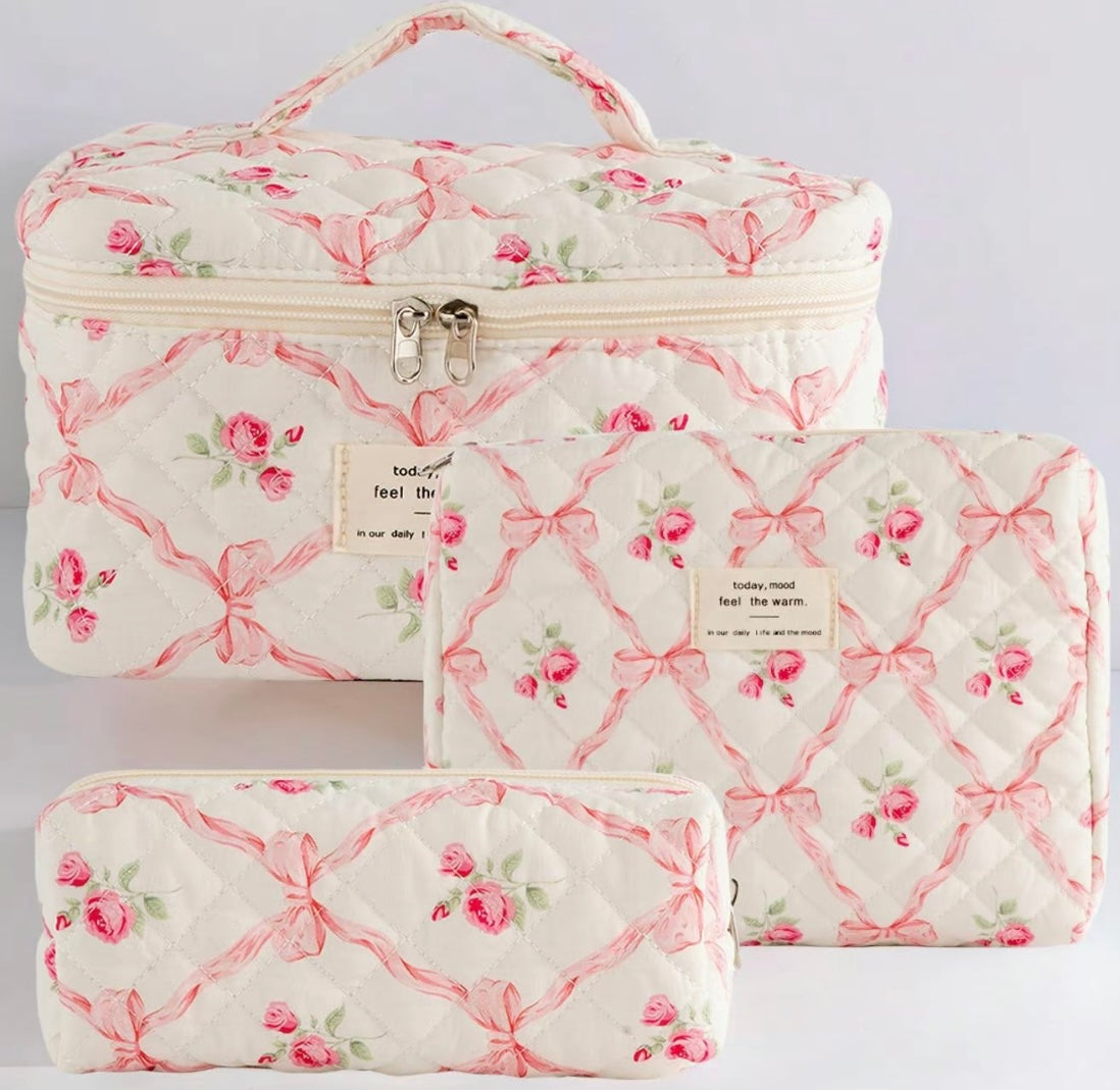 3 PC Quilted Makeup Bag Set